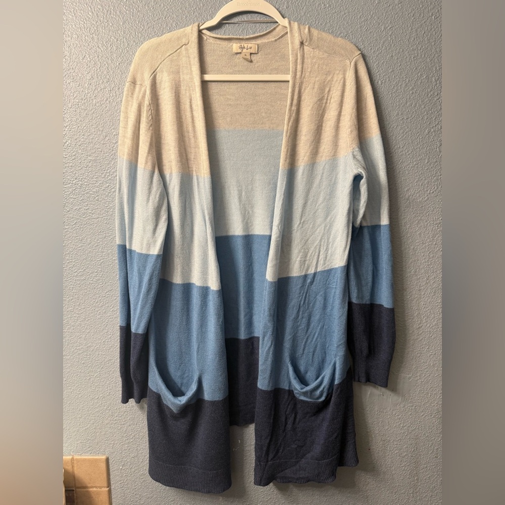 Style & Co. Striped Open Front Cardigan in gray and Blue Tones